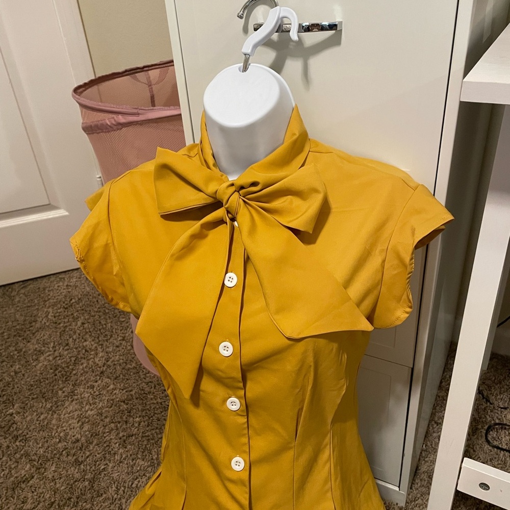 Yellow Bow Collar Blouse